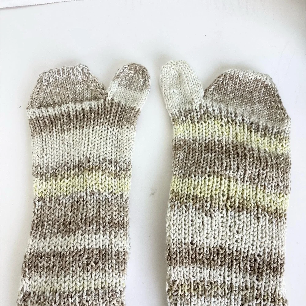 Socks Hand Crafted Ankle Flip Flop Tan Cream Silver Tan Knit Boho Eclectic
